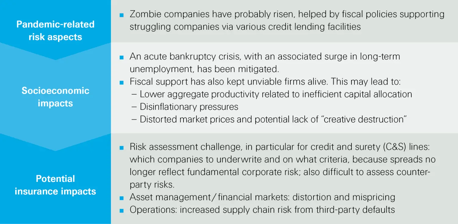 Image of a overview with influences on struggling companies during the pandemic<br/>SONAR 2021 <br/>Swiss Re Institute
