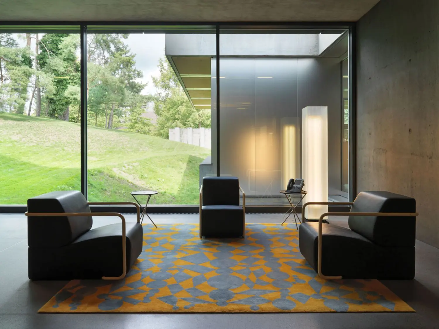 Gilbert Bretterbauer created these carpet designs to feature repeated patterns of circles and trapezoids.