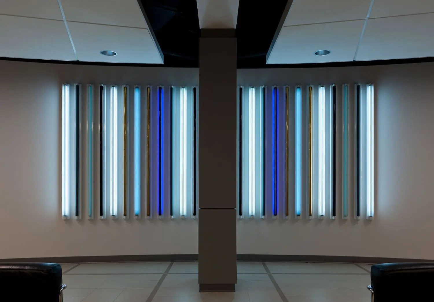 Hues of blue and yellow predominate among sharp poles of white light.