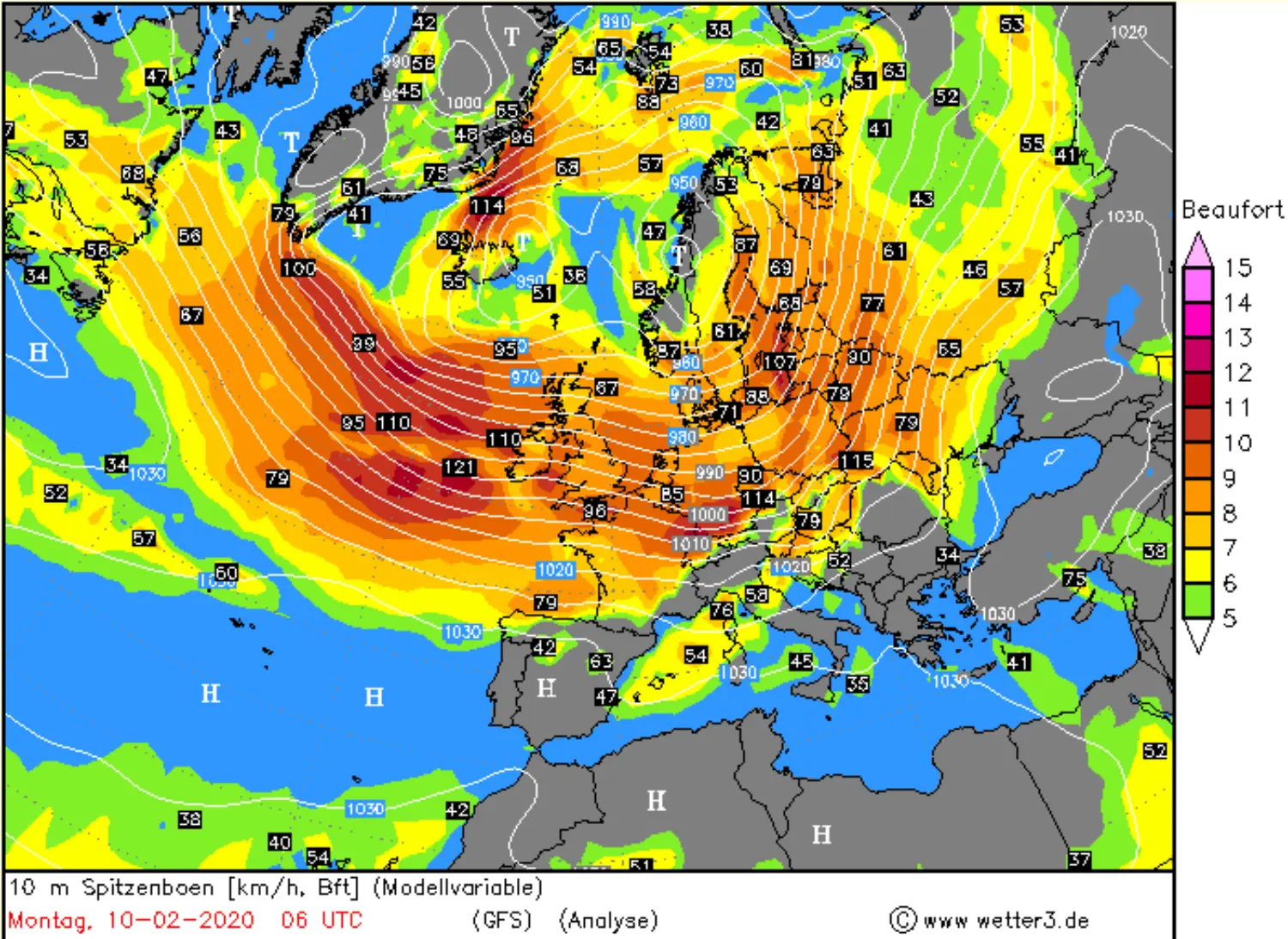 Metearological map over UK showing how Ciara was moving on Monday.