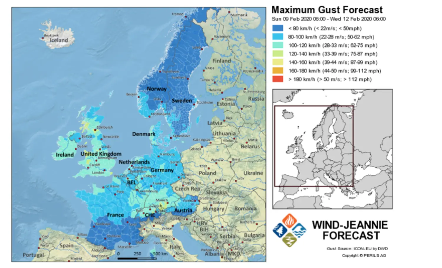 Metearological map over Europe showing how Ciara hit different countries.