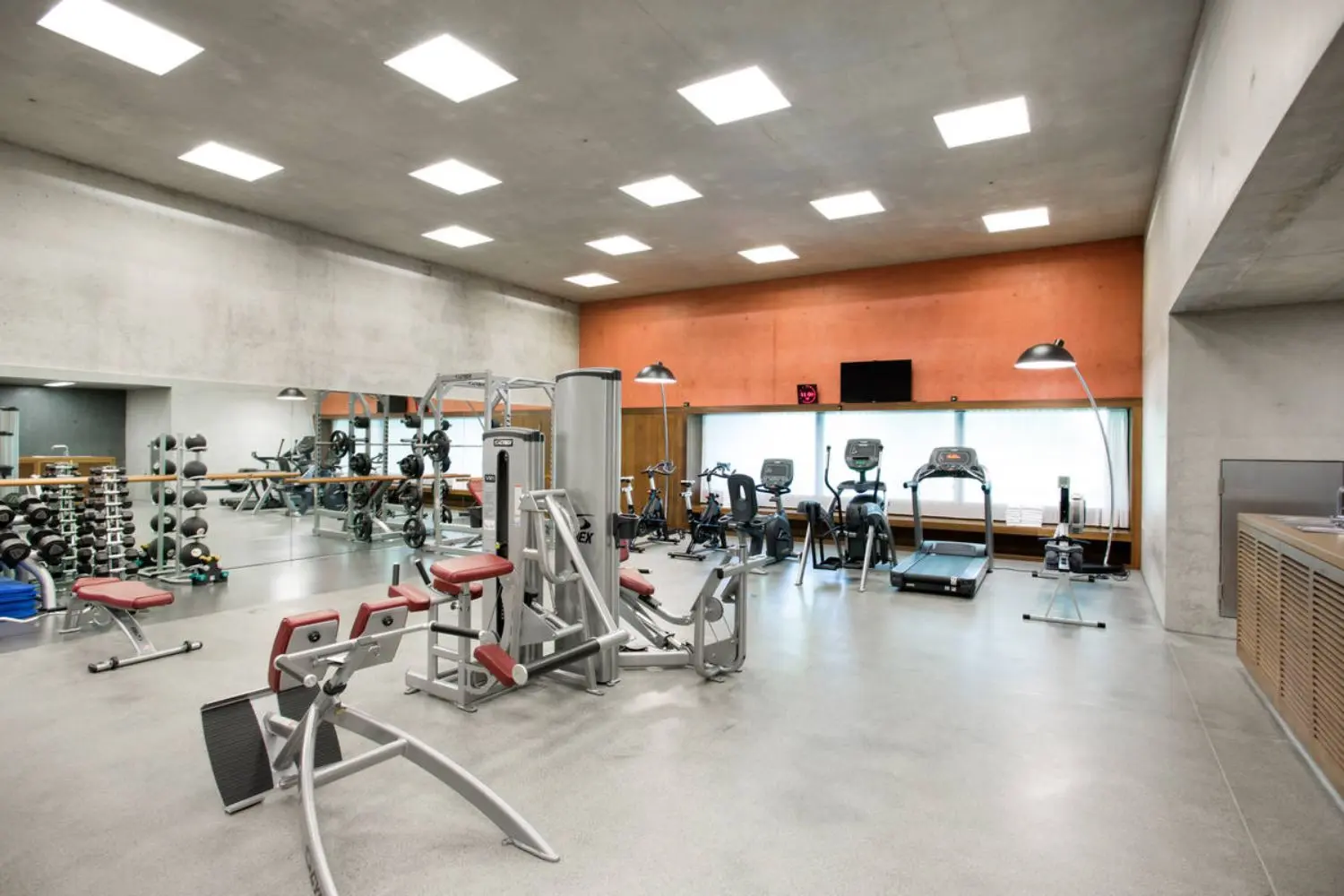 A concrete room with different gym equipment and treadmills.