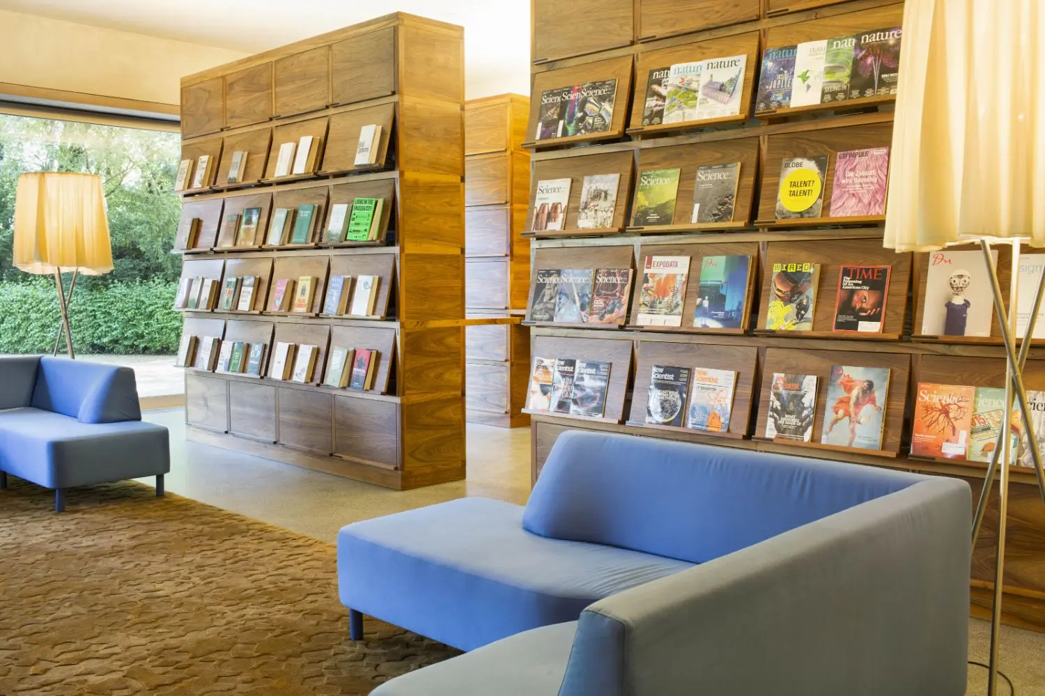 Gray couches on carpets in front of wooden bookcases filled with books and magazines.