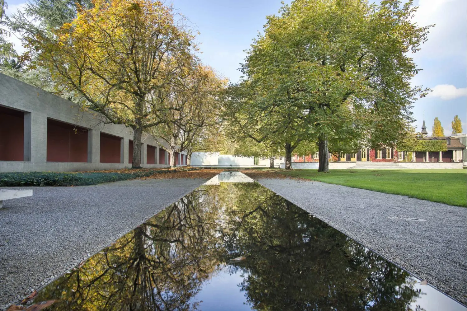A long reflection pool between trees.