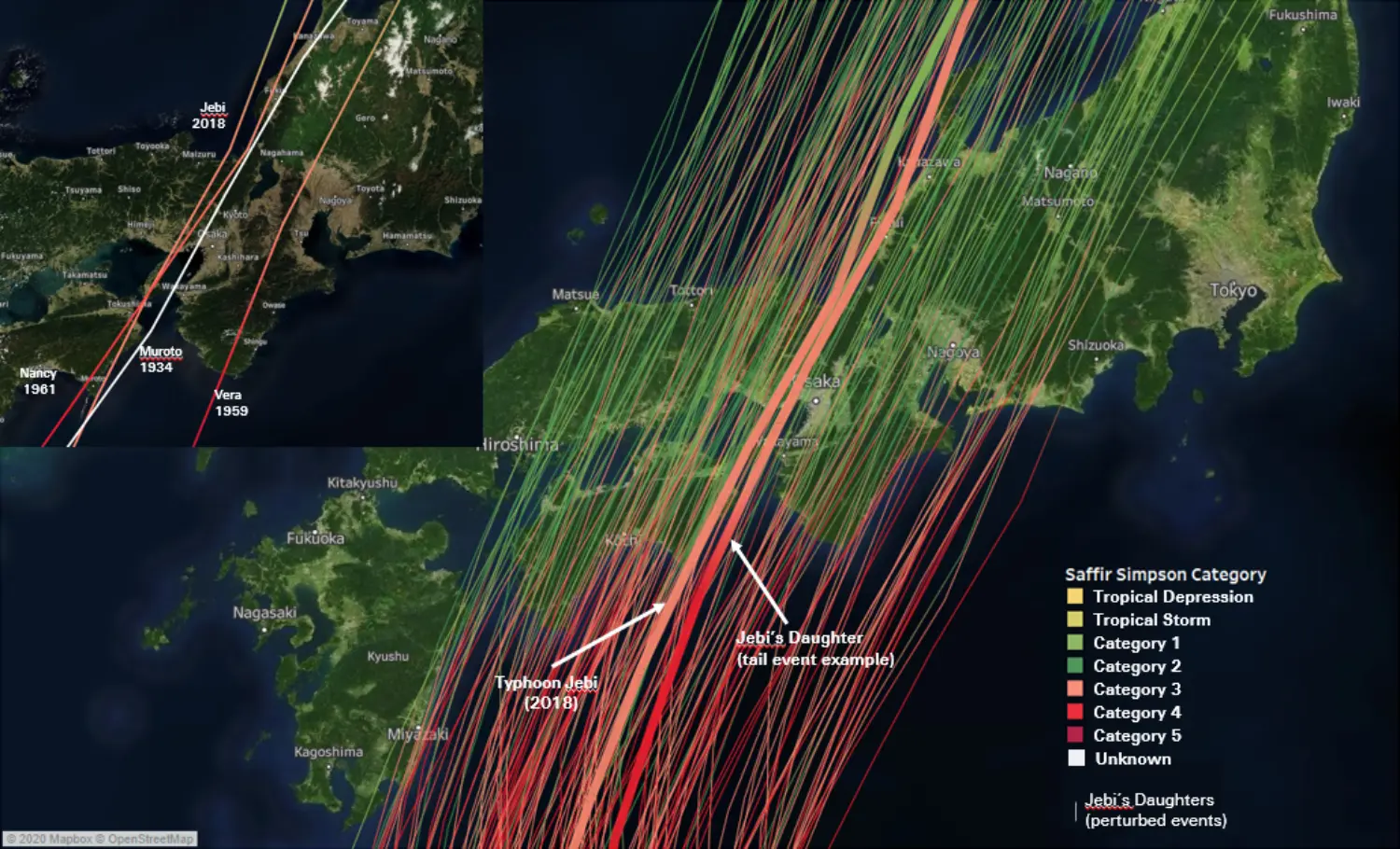 map of probabilistic events (daughters) based on perturbation of Typhoon Jebi. 