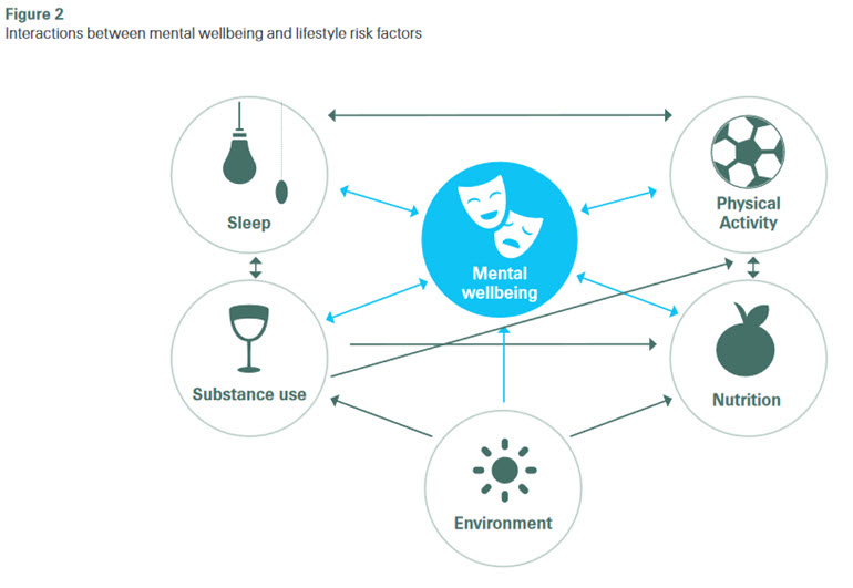 Interactions between mental wellbeing and lifestyle risk factors.