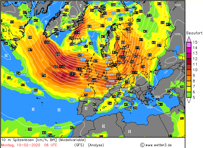 Metearological map over UK showing how Ciara was moving on Monday.