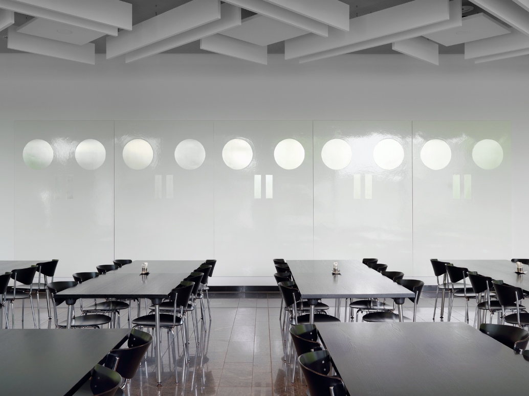 Five enamel painted aluminium panels that stretch over an eight metre length of the restaurant at our Zurich headquarters.