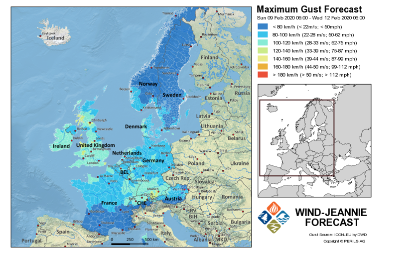 Metearological map over Europe showing how Ciara hit different countries.