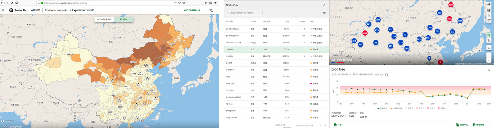 A map showing an example of Swiss Re Agro analytics platform and weather index pricer