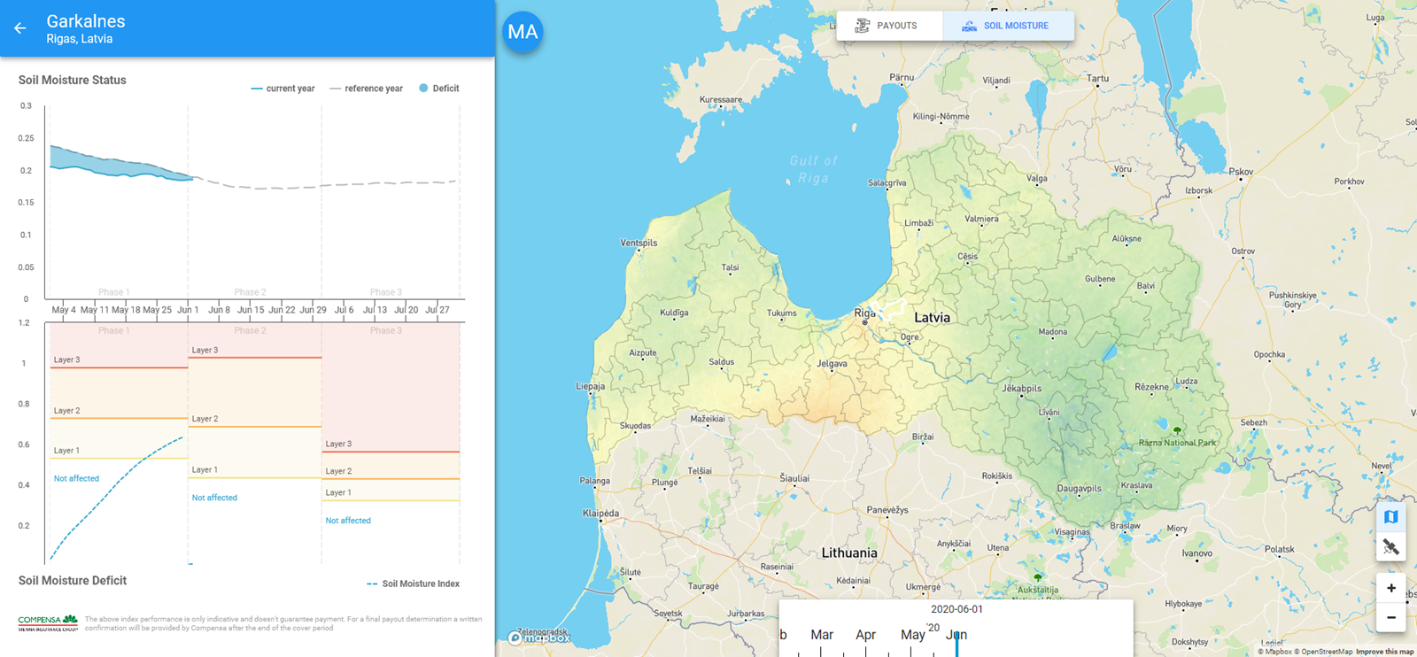 A map showing an example of soil moisture index in Latvia on Swiss Re opti-crop index tracker