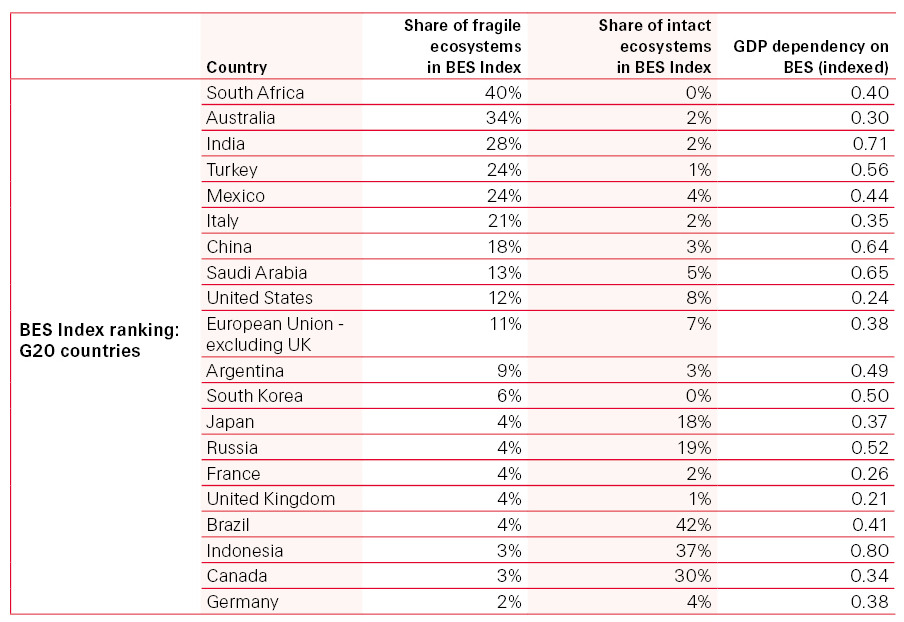 This table shows the Swiss Re BES Index Ranking: G20 countries.