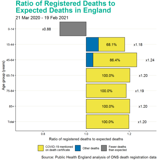 Infographic of the ratio of registered deaths to expected deaths in England, females. Lawrence Tsui Swiss Re Institute Blog.