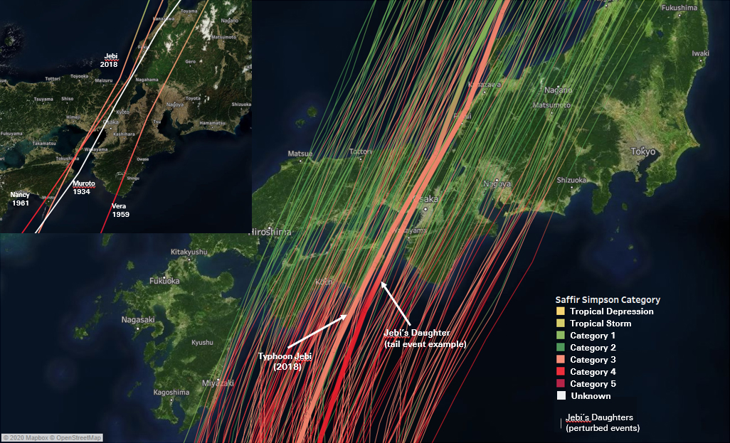 map of probabilistic events (daughters) based on perturbation of Typhoon Jebi. 