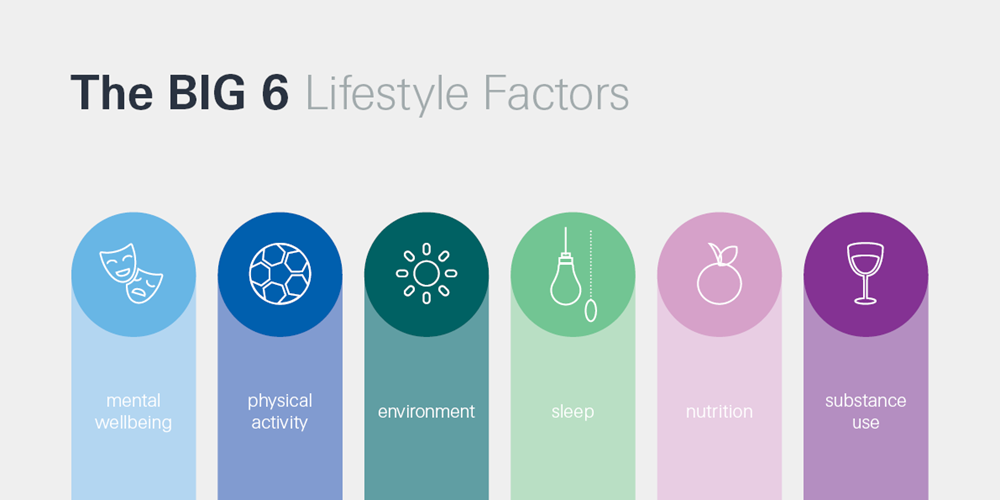 The Big 6 lifestyle factors: mental wellbeing, physical activity, environment, sleep, nutrition, substance use.